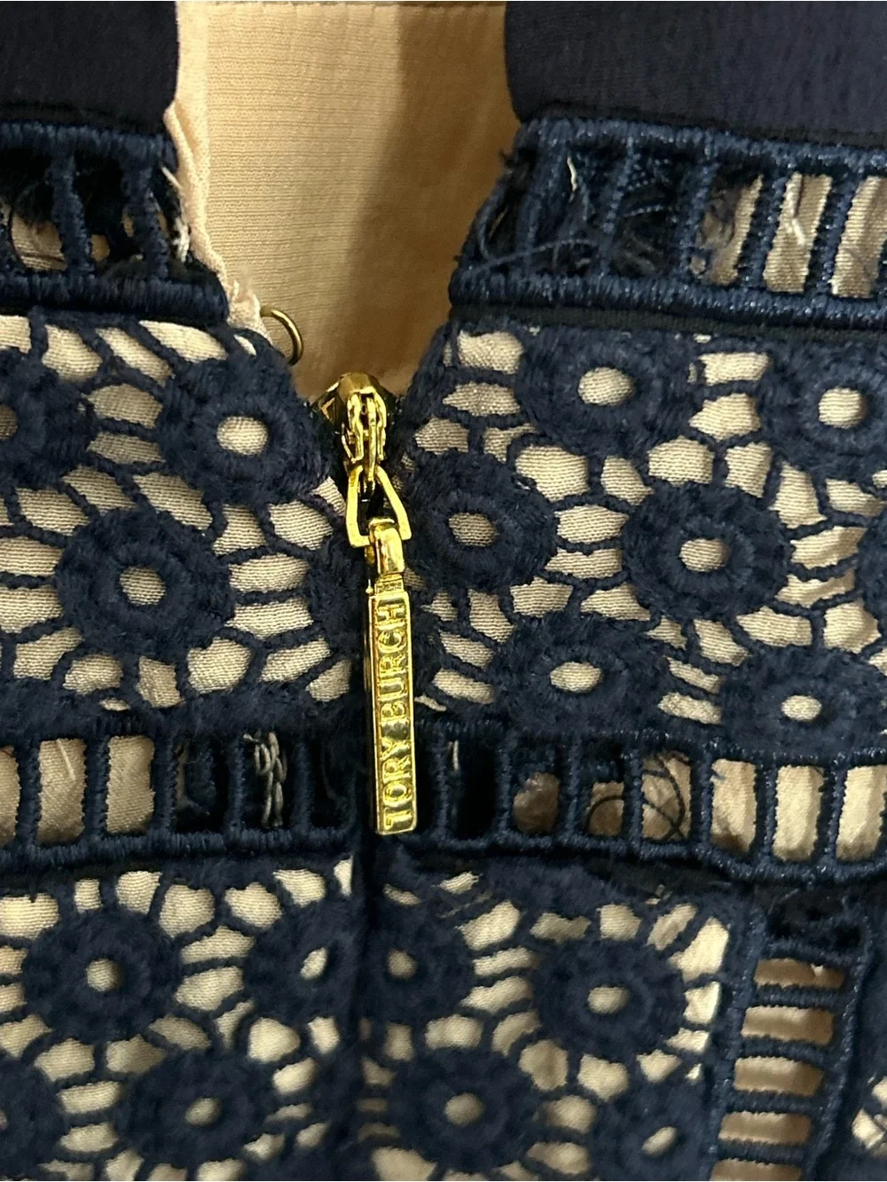 Tory Burch Navy Crochet Lace Halter Dress Size 2 Silk Lined Midi